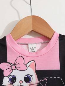 SHEIN 可爱粉色爱心和小猫印花，女婴休闲宽松卡通图案圆领短袖连衣裙，适合夏季穿着 - 彩色 - 查看 4
