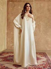 ZEYLAH WOMEN'S EMBROIDERED SEQUIN BEADED V-NECK BATWING SLEEVE LOOSE ARABIC STYLE DRESS - Apricot - View 7