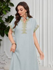 Al Najma Embroidered Collar Floral Raglan Sleeve Stand Collar Elegant Dress - Blue - View 1