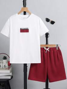 SHEIN Bộ đồ 2 món cho bé trai tuổi teen, kiểu dáng thường ngày, thoải mái, thời trang, đơn giản, đa năng, mềm mại và dễ chịu, gồm áo thun ngắn tay in chữ tương phản và quần short, phù hợp cho mặc hàng ngày, đi học, du lịch, thể thao, mùa xuân và mùa hè. - Nhiều màu - Xem 2