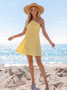 Sylviya Casual Women's 3D Flower Cream Yellow Halter Mini Dress Summer Outfits For Women Summer Dress Beach Dress Beach Outfit For Women Vacation Outfits Women Beach Vacation Outfits For Women Casual Dresses For Women Dresses For Women Vacation Outfits Women - Yellow - View 5
