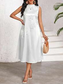 SHEIN Lady Women's Elegant Floral Decor Midi Dress, Suitable For Vacation,Summer Dresses For Women - White - View 4