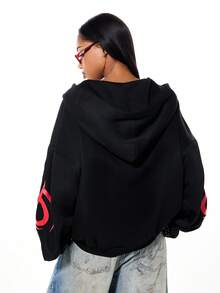 SUMWON WOMEN 镶钻拉链连帽衫，正面印花，饰有火焰图案 - 黑色 - 查看 2