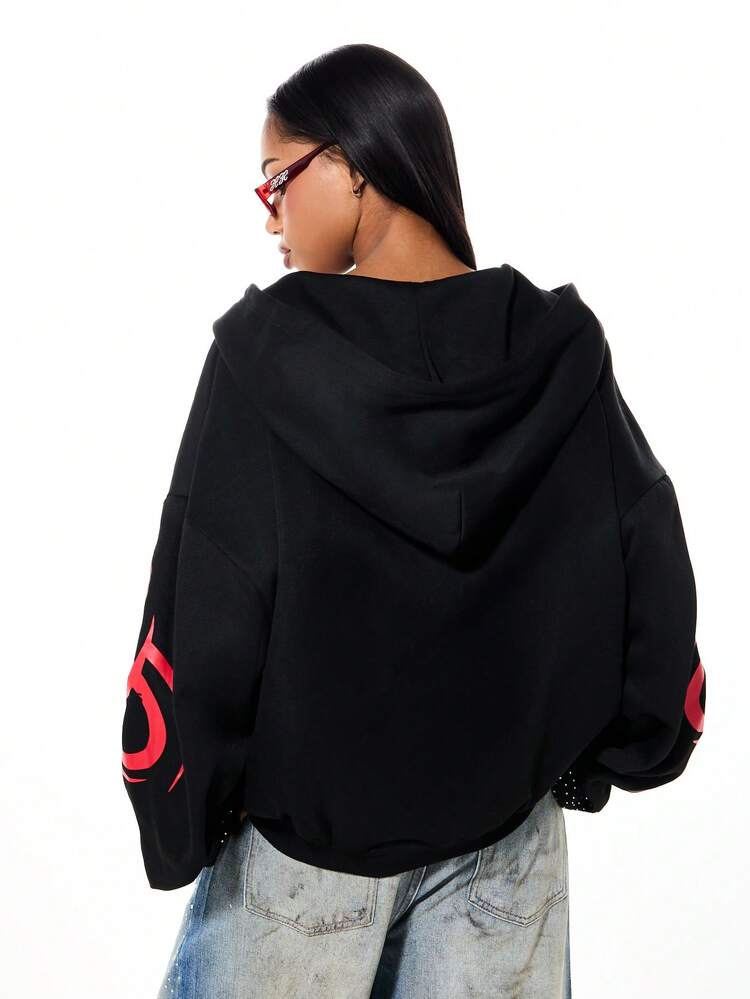 SUMWON WOMEN Rhinestone Embellished Zip Through Graphic Hoodie With Front Print And Flame Details