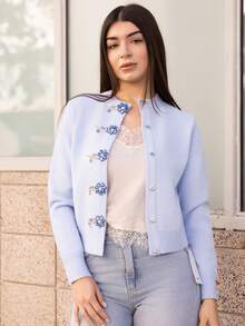 Andrea Bello Áo len họa tiết hoa đính đá thời trang thu đông dành cho nữ - Màu xanh lam - Xem 7