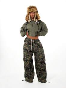 SUMWON WOMEN Badge Detail Bomber Jacket With Fur Trim Hood Ribbed Cuffs Patch Pockets Military Inspired Outerwear - Army Green - View 4