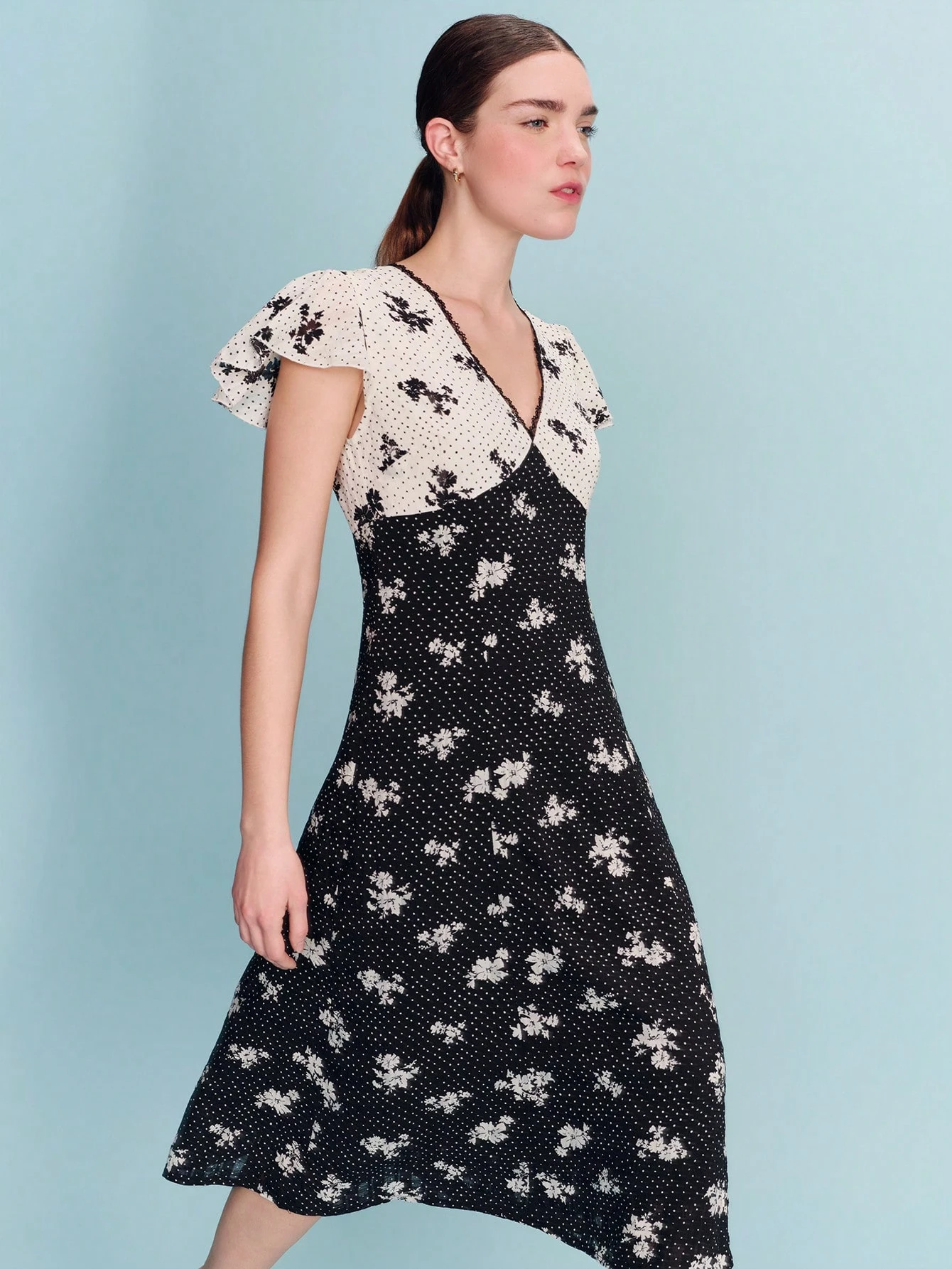 Polka Dot Monochrome Contrast Print Midi Dress With Short Sleeves Vintage Style Chic Spring Summer Vintage Dress Floral Midi Dress Tea Dress French Style Dress Hibiscus Dress Vacation Holiday Dress