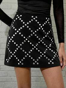 Maija 黑色水钻菱形图案半身裙，适合都市派对和聚会 - 黑色 - 查看 1