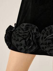 SHEIN LUNE 2025 Elegant Luxury Rhinestone Bow 3D Floral Decor Waist Fit & Flare Mini Party Dress, Suitable For Formal Events And Parties - Black - View 3