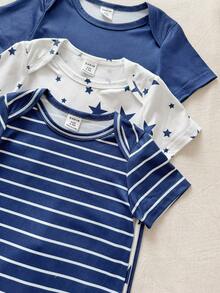 SHEIN Vintaside Kids 3pcs/Set Newborn Baby Boys' Casual Navy Blue Striped & Star Print Rompers, Spring/Summer - Multicolor - View 4