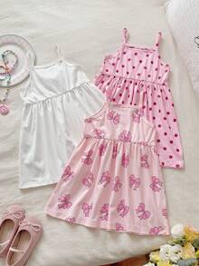 Little Girl Cute Bow Pattern Semi-Sheer Polyester Short Cami Dress With Flared Hem Design - Multicolor - View 2