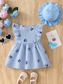 SHEIN Vintaside Kids Baby Girls' Simple Cute Striped Blue Bow Ruffle Hem Sleeveless Dress And Blue Hat, Suitable For Everyday Wear, Spring/Summer - Blue - View 2