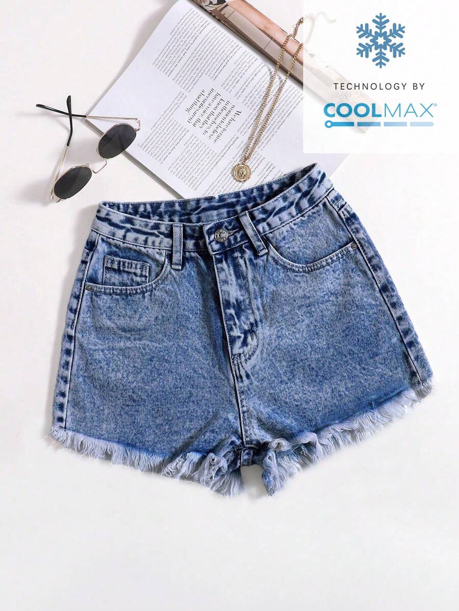 GlowEve Quần short denim nữ màu trơn, kiểu dáng thường ngày. - Rửa trung bình - Xem 1