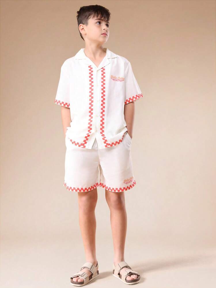 Palm Springs Print Shirt And Shorts Set With Checkerboard Trim