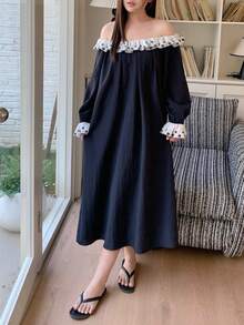 Dazy Plus Plus Size Color Block Polka Dot Off-Shoulder Loose Casual Flare Sleeve Long Nightgown, Spring/Summer Home Dress Pajamas - Royal Blue - View 2