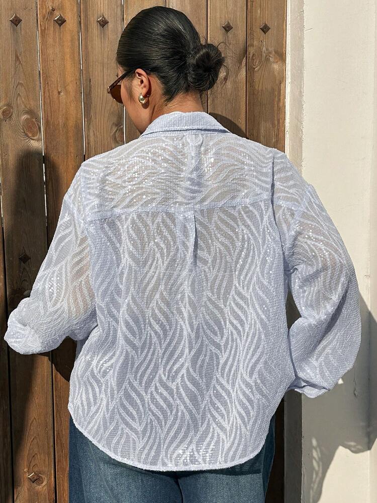 Dazy Plus Plus Size Women's Fashion Casual Semi-Sheer Sequin Button-Up Shirt Vacation Outfits Women Summer