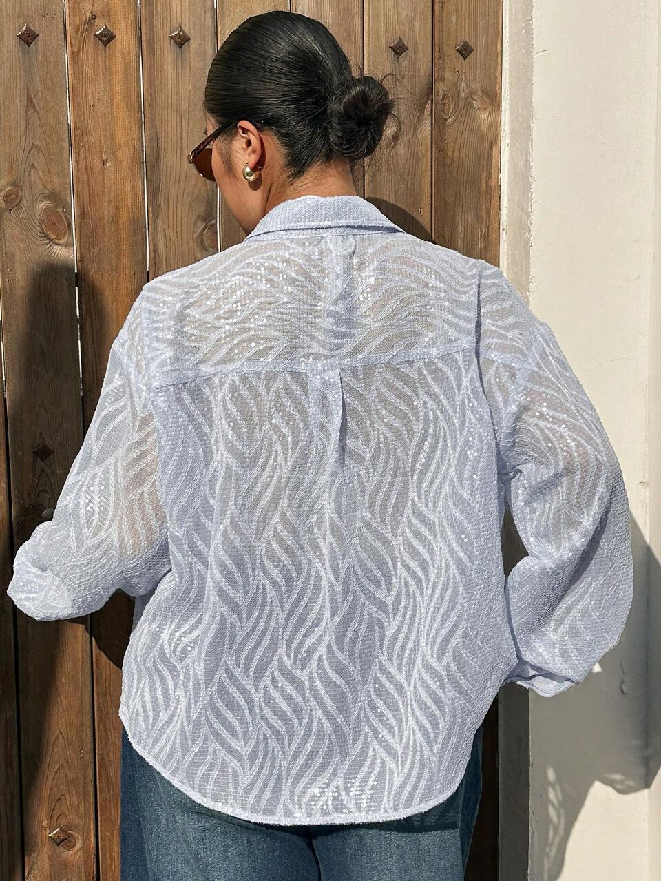 Dazy Plus Plus Size Women's Fashion Casual Semi-Sheer Sequin Button-Up Shirt Vacation Outfits Women Summer