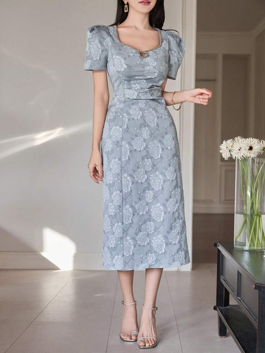 DAZY 女士优雅花卉纹理串珠泡泡袖褶皱不对称中长连衣裙，夏季婚礼宾客礼服 - 藍色 - 查看 1