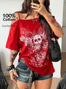 Coolane Women's Summer Streetwear Y2K Goth Skeleton Graphics Loose Red And White T-Shirt,Grunge Concert Top, Skull Clothing Red Graphic Tees - Red - View 4