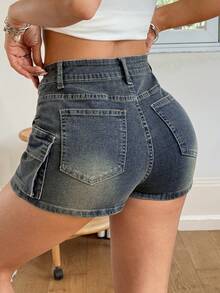 Rivivi Women's Casual Fashion Street Daily Commute Flap Pocket Asymmetrical Hem Denim Shorts, Summer - Dusty Blue - View 2