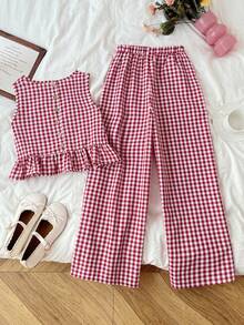 Serisse Kids Conjunto de top de tirantes y pantalones con estampado de cuadros para niñas preadolescentes, verano - Rojo - Ver 7