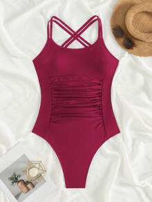 SHEIN Swim 女士性感露背交叉绑带侧边褶皱连体泳衣，夏季沙滩装 - 酒紅色 - 查看 2