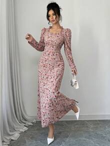 Modelyn 女士春夏梭织花卉印花长袖收腰A字优雅浪漫连衣裙 - 粉色 - 查看 4