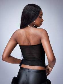 Y2Kool BiGraphic 女士打结抹胸设计网纱不对称下摆时尚百搭休闲上衣 - 黑色 - 查看 2