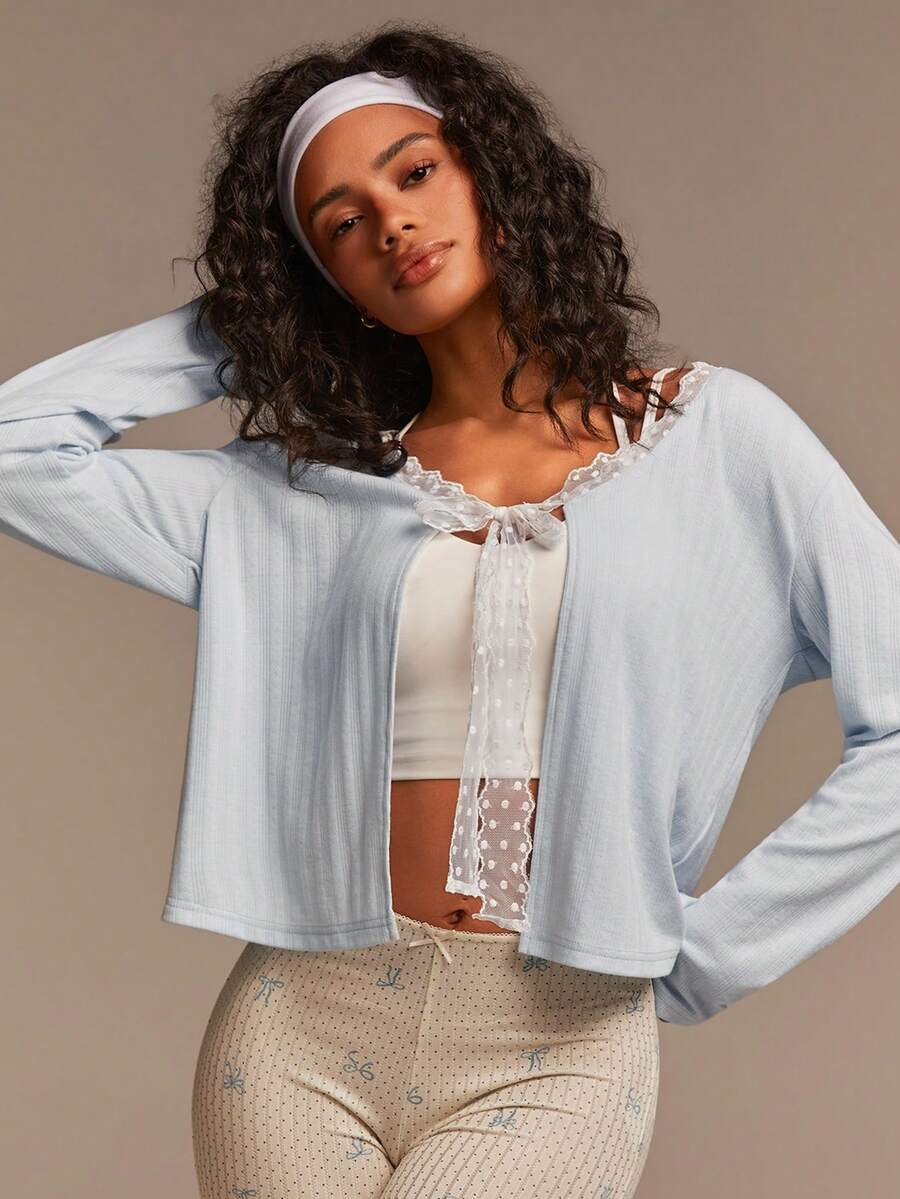 Athîral Áo kiểu nữ tay dài phối lưới chấm bi, thắt nơ phía trước, phong cách thường ngày. - Màu xanh nhạt - Xem 1