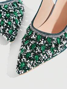 CUCCOO TILAWA Women's Crystal Heel Glass Rhinestone Decor Pointed Toe High Heel Pumps, Suitable For Outings, Banquets, Parties And Other Events Valentine's Day - Green - View 7