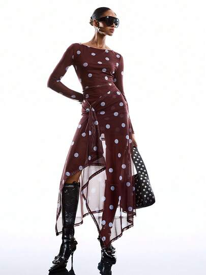 LYSMO 2026 New Arrive Minimalism Spring/Summer Women's Polka Dot Ruffle Hem Elegant Waist Cinched Long Party Dress/ Summer Dress/Long Summer Dress For Women /Summer Outfits / Spring Outfit Women /Spring Break Outfits /Valentine's Day /Birthday Dress / Birthday Dresses For Women /Elegant Dresses For Women /Elegant Dress Women / Casual Dresses For Women /Asual Long Dresses /Brown Dress / Carnival / Carnival Costume/Carnival Women Look 2026/ Party Dress/Elegant Dresses For Party/ Long Party Dresses