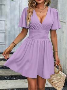 EMERY ROSE 纯色交叉裹肩短袖荷叶边腰褶连衣裙 - 淡紫色 - 查看 5