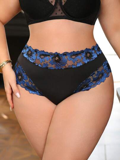 Plus Size Women Sexy Romantic Floral Lace Sheer Panties
