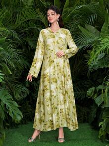 Al Najma Women's Elegant Arabic Floral Print Long Sleeve Chiffon Ruffle Hem Dress, Spring/Summer - Green - View 3