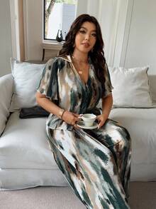 SHEIN PETITE CURVE 大码V领针织衫和褶裥喇叭裤两件套 - 墨綠色 - 查看 7