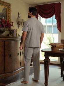 DAZY Conjunto de pijama casual de camisa de manga corta y pantalones para hombre, beige, para verano - Beis - Ver 2