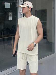 DAZY Conjunto de camiseta sin mangas de color albaricoque para hombre, verano - Albaricoque - Ver 6