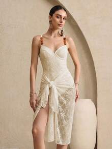 Swim Oasis 2pcs/Set Summer Vacation Sexy Underwire Backless Spaghetti Strap Women One-Piece Swimsuit & Sarong Maxi Skirt - Apricot - View 2