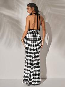 Radiana Women's Sexy Elegant Crochet-Like Black & White Geometric Print Halter Bodycon Maxi Dress, Backless Dress, Long Dress, Vacation Dress, Beach Dress, Suitable For Casual Outings, Island Vacation, Beach, Holiday, Tea Party, Night, Date, Gathering, Concert, Country Music Festival Checkered Dress Bodycon Maxi Dress Women Plaid Dress Houndstooth Dress - Multicolor - View 3