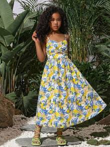 Tween Girls' Summer Fruit Print Camisole Jumpsuit, Fashion Beach Vacation Dress For Spring/Summer - Blue - View 9