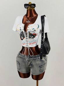 Mistrie Tie-Up Cropped Short Sleeve Printed T-Shirt, Summer - Multicolor - View 4