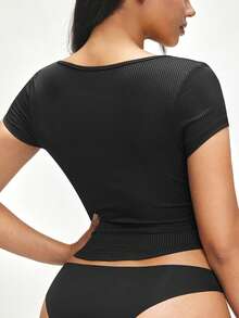 SHAPORA Women's Simple Solid Color Ribbed Knit Oversized Scoop Neck Batwing Sleeve Curved Hem Crop Sleep Top, Summer - Black - View 2