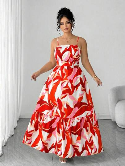 Elenzga Plus Size Women's Elegant Tangerine Color Block Print Dress, Shoulder Ruched, Floral Hem Splice Maxi Dress, Flattering, Romantic, Suitable For Vacation, Beach, Date, Outing, Summer, Elegant, Comfortable, Suitable For Holiday, Wedding, Party, Graduation, Valentine's Day, Music Festival, Mother's Day, Halloween, Thanksgiving, Easter, National Day, Prom, Date Party, Wedding Season, Outdoor Activities