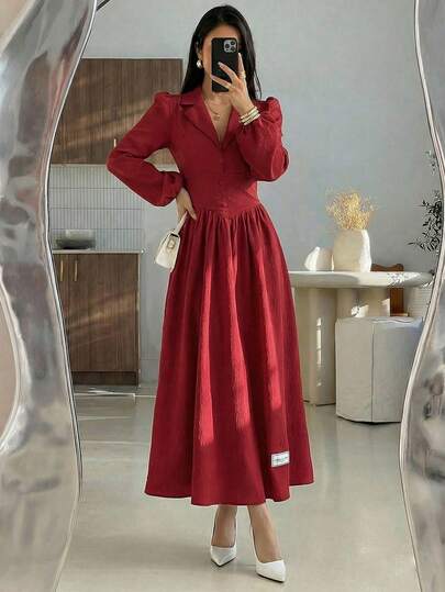 Mulvari Women's Elegant Lantern Sleeve Waist Cinched Long Dress, Solid Color Lapel Collar, Suitable For Work And Daily Commute, Spring/Autumn Lantern Sleeve Dress Red Elegant Dress Women Red Elegant Dress French Style Dress Long Sleeve Elegant Dress Red Dress Women
