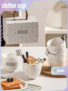 可爱熊猫&兔子釉面陶瓷杯，手握咖啡杯，拿铁艺术杯，生日礼物陶瓷杯，咖啡杯，手握杯，可爱创意情侣牛奶杯，茶杯，礼盒 - 白色 - 查看 1