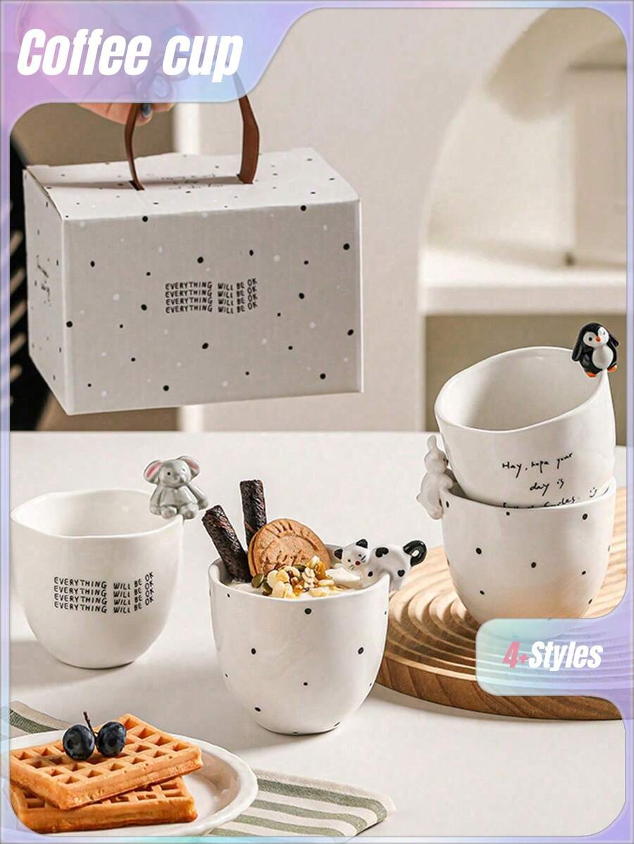 可爱熊猫&兔子釉面陶瓷杯，手握咖啡杯，拿铁艺术杯，生日礼物陶瓷杯，咖啡杯，手握杯，可爱创意情侣牛奶杯，茶杯，礼盒 - 白色 - 查看 1