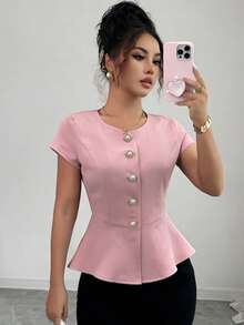 New Round Neck Pearl Button Woven Fashionable Versatile Elegant Commuting Casual Cinched Waist Spring/Summer Women Shirt - Pink - View 8