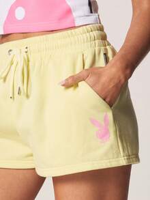 Missguided x Playboy Oversized Drawstring Jogger Shorts With Pink Script Print Mid Thigh Length Casual Summer Loungewear - Yellow - View 4