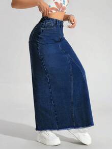 SHEIN ICON Plus Size Women Solid Color Washed Denim Mini Skirt, Autumn/Winter - Dark Wash - View 6