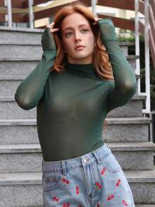 SILVIA DI SANTO 斯德哥尔摩风格，女士教师装，秋季服装，高领高领针织上衣，优雅秋冬衬衫，网眼长袖衬衫，商务休闲女士基本款上衣 - 墨綠色 - 查看 3